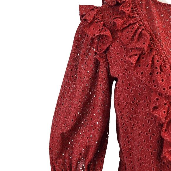 Robert Rodriguez Size 2 Designer Red Top Embroidered Eyelets Ruffles BOHO - Picture 10 of 16